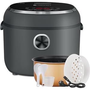 AMZCHEF Mini Cuociriso 4L Multicooker per 5 Persone, 8 Tazze (Crudo), Cuociriso 12-in-1 con Schermo Digitale, Timer 24H e Funzione Mantieni Caldo 12H, Manico di Trasporto, Cestello per Vapore, 860W