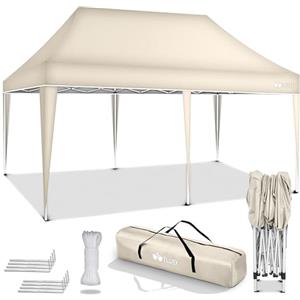 tillvex Gazebo 3x6m da Giardino | Gazebo pieghevole regolabile in altezza | Tenda Pop up impermeabile da protezione UV 50+ | Tenda Padiglione + Sacca di Trasporto (Beige - senza pannelli laterali)