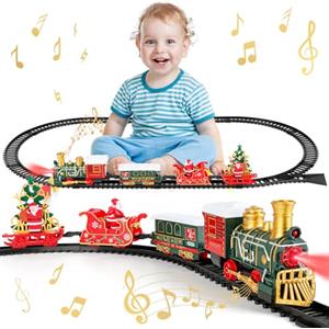 deAO Trenino Elettrico per Bambini, Treno Classico Natalizio con Luci e Suoni, Auto da Pista con Locomotiva e 3 Vagoni, Regalo Natale Giocattolo per Bambini, Decorazioni Natalizie