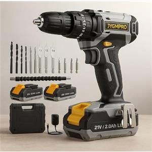 JYGMPRO 21V Trapano Avvitatore Batteria, Avvitatore a Batteria con 2 Batterie da 2.0Ah, 42N.m di Coppia, 2 Velocità, 25+3 Coppia, 14 Accessori,Luce a LED,Per il fai da te,in Casa e Giardino, Grigio