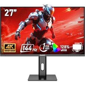 Gawfolk Schermo PC IPS da 27 pollici, Monitor Gaming 4K 144Hz, 1ms, FreeSync, 128% sRGB, Angolo di Visualizzazione 178°, HDMI 2.1, DisplayPort, Regolabile in Altezza e Girevole, VESA75x75MM - Nero