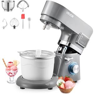 VEVOR Gelatiera 1,7L, Planetaria a 6 Velocità con Display Digitale a LED, Timer, Paletta, Gancio per Impastare e Paraspruzzi, per Yogurt Gelato Fai da Te, Gelato alla Frutta, Sorbetto, Grigio 1400W