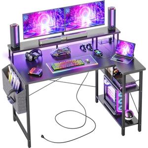 BEXEVUE Scrivania Angolo con LED Ciabatta - 120x70cm Grande Tavolino Computer Forma L Ripiani Portaoggetti, Scrivania Angolare Reversibile Gaming Informatica, Studio Gioco Lavoro Casa Camera da Letto