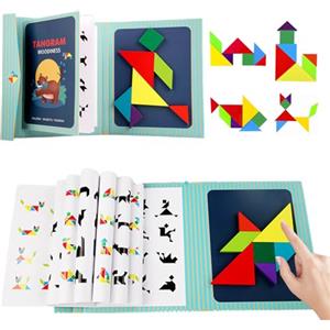 CUVZORA Tangram Magnetico, giochi di apprendimento per bambini Reisespiele für unterwegs, gioco magnetico con 96 motivi, puzzle magnetico in legno per bambini dai 3 anni, creativo e sicuro (verde)