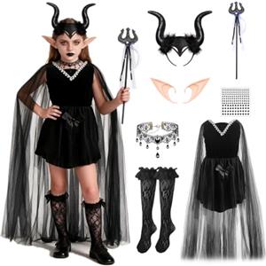 GEEKEO Costume da Malefica Bambina, Costumi da Cosplay Malefica Regina Strega Cattiva Halloween con Vestito Strega, Corna Copricapo e Collana, Vestito Maleficent per Cosplay Halloween Carnevale Festa