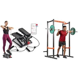 Sunny Health & Fitness Sunny Health and Fitness Total Body Smart 2-in-1 Stepper Machine, Total Body Workout, Adjustable + Power Zone Strength Rack Power Cage - 455 KG Weight Capacity, Spotter Bar, Angled Pull-Up Ba