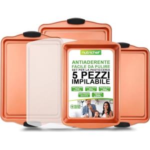 NutriChef Set 5 Teglie da Forno Antiaderente, Biscotti Impilabili, Teglia Arrosto Coperchio, Maniglie Silicone, Facili da Pulire, Rame