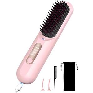 Gaogodot Portatile Spazzola Lisciante per Capelli, Mini Piastra per Capelli Senza Fili, Piastra Capelli Spazzola con Ioni Negativ, Riscaldamento Rapido e USB Ricarica, Hair straightener con 3 Temperature, rosa