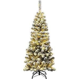 COSTWAY Albero di Natale Slim 135/180/225 cm, Albero di Natale Innevato con 150/250/350 Luci LED, 242/500/641 Rami e Base di Metallo, Decorazione Natalizia per Casa e Negozio (135 CM)
