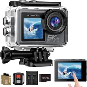 Ruycllo Action Cam 5K/4K 50MP Fotocamera Subacquea con scheda SD da 64 GB, Dual Screen Videocamera con Stabilizzatore EIS, WiFi, 2 Batterie, Grandangolo 170° per Immersioni, Vlog, telecamera moto