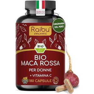 RAIBU Maca Rossa Peruviana BIO - 180 capsule da radice di Maca Peruviana - Equilibrio ormonale per donna - 3.200mg per dose giornaliera (equivalenti a 12.800mg di radice del Perù) - Con vitamina C naturale