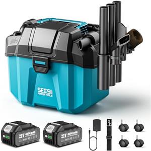 Seesii Aspiratutto Solidi e Liquidi, 2x4000mAh Batterie, 10L Aspirapolvere Bidone, 2 Velocità, Tracolla, 4 Ruote e Accessori, Ideale per Auto/Cantiere/Esterno/Casa (Blu)
