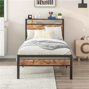 BORPHOM Letto in metallo,90 x 200 cm,con rete a listelli,telaio in legno,spazio portaoggetti e testiera per adulti,bambini,adolescenti,marrone
