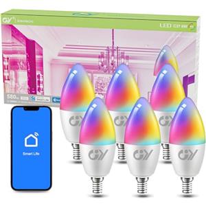 GY Lampadina Led E14, LED Bluetooth Inteligente Mesh C37, Lampadina Smart 6W Equivalenti a 60W, 580LM, Multicolore Regolabile RGBCW Dimmerabile Bulbo 2700K-6500K, Compatibile con Google Home, 6 Pezzi