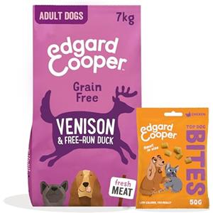 Edgard Cooper Edgard & Cooper Cibo Secco per Cani Adulto Cervo & Anatra Grain Free 7kg + Bocconcini per Cani al Pollo 1x50g - Pacco Crocchette & Snack