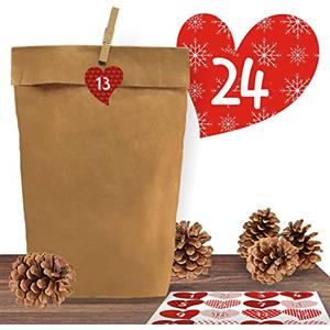 Adventino Calendario dell'Avvento 24 Sacchetti di Carta Kraft in Set con 24 Adesivi Natalizi per chiudere Sacchetti Regalo di Natale per Fai da Te e riempimento.