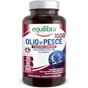 Equilibra Omega 3, Olio di Pesce da 1000mg, Ricco in EPA e DHA, Scorta 2 mesi, 60 capsule, Normale Funzione Cardiaca, Funzionalità Cerebrale e Capacità Visiva, Senza Glutine e Lattosio