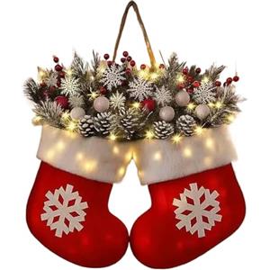 Generico Ghirlanda Natalizia Per Porta D'ingresso, Ghirlanda Natalizia Scintillante Con Guanti In Velluto Con Luci LED Bacche Rosse Pigne Per Patio Mensola Del Matrimonio
