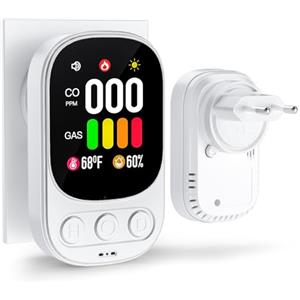 TOONKE Rilevatore Gas e Monossido Di Carbonio 4 in 1 Con Spina per Casa-Rilevatore Fumo per Gas Naturale Lpg Metano Propano Butano Con Sensori Di Temperatura e Umidità-Certificato EN 50291-Bianco