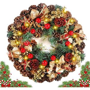 ZQEJEFD Corona Natalizia per Porta 30cm - Ghirlanda Decorativa per Interno e Esterno Con 20 Luci LED, Pigne, Bacche, Foglie Cadute