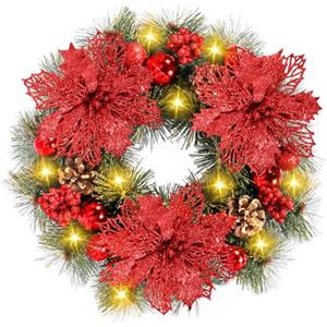 BUOAZR Ghirlanda di Natale, 30cm Ghirlanda Natalizia per Porta, con 30 Luci LED, Batteria Caricata, Ghirlanda Artificiale di Natale di Appeso a Parete, Decorazioni Natalizie