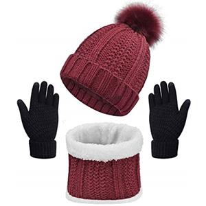 CheChury Beanie Sciarpa e Guanti Touch Screen Berretto Invernale Donna Cappello Invernali Lavorato a Maglia Cappelli Caldo 3 Pezzi Ciclo Scaldacollo per Sci all'aperto,Rosso,Taglia unica