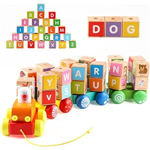Jacootoys Trenino Giocattolo di Legno con Lettere Montaggio di Alfabeto Blocco Auto Costruzione Prescolare Giochi per Bambini di 2 Anni, 26 Pezzi