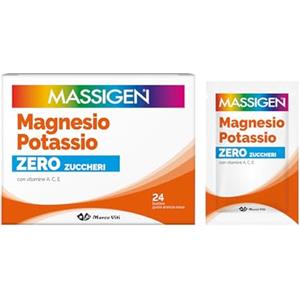 Massigen - Magnesio e Potassio Zero Zuccheri, Gusto Arancia Rossa, Integratore a Ridotto Contenuto Calorico con Sali Minerali e Vitamine, 24 Bustine da 4 g
