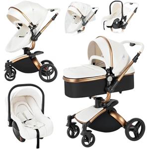 NADDLILY Pelle PU Passeggino Trio, Passeggino 3 in 1 con Sedile Regolabile Rotante 360°, Trio Passeggino Neonati con Accessori, Carrozzina Neonati con Design Portatile Pieghevole Un Clic (906 White)