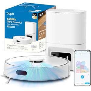 Tapo RV30 Max Plus White Robot Aspirapolvere Lavapavimenti con Mappatura 5300Pa, Svuotamento Automatico Polvere 3L, Doppia Navigazione LiDAR+IMU, Zone No-Go e Muri Virtuali, Controllo APP&Alexa&Google