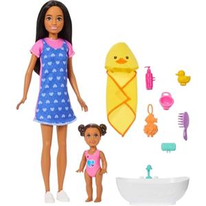 Barbie - Skipper Babysitter, set con bambola castana,mini bambolotto dai capelli bruni, vasca da bagno e 6 accesori a tema inclusi tra cui una paperella di gomma, 3+ anni, JJB43