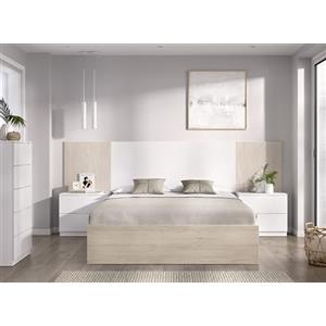 DEKIT GRUPO RIMOBEL LOMA PACK - Set con testata, due comodini, struttura letto 135/140X190 e cassettiera con cinque cassetti - Bianco/Rovere effetto cannettato/Naturale