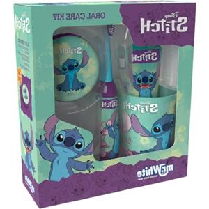 Generico Mr White Kit Igiene Dentale per Bambini, Spazzolino a Batteria, Dentifricio Gusto Menta, Bicchiere e Portamonete - Realizzato per Disney Stitch, Idea Regalo