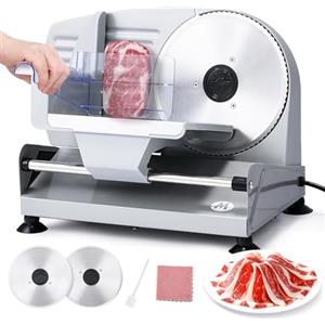 Moongiantgo Affettatrice Elettrica da Casa, Affettatrice Professionale con Blocco di Sicurezza, Spessore Regolabile 0-15mm, 2x Lama in Acciaio Inox da 19cm per Carne/Pane/Formaggio/Verdura (200W)