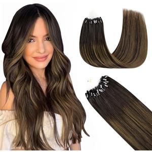 GOO GOO Extension Capelli Veri Cheratina Microring, 50cm 50g 50 Ciocche, 100% Remy Capelli Umani Estensioni per Capelli Alla Cheratina Fusione fredda Balayage da Marrone Scuro a Castano #2/6/2