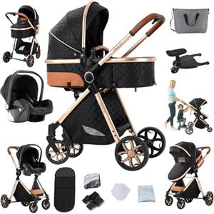 NADDLILY Passeggino Trio, Passeggino 3 in 1 con Spinta Reversibile a Due Vie, Trio Passeggini Neonati con Accessori, Carrozzina per Neonati con Design Portatile Pieghevole Un Clic (FV9 Black)