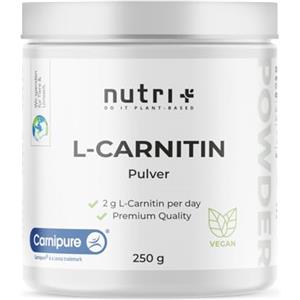 nutri + L-carnitina Carnipure in Polvere - 100% Carnitina Tartrato vegan Pure Powder di Lonza 250 g - 3000mg per Porzione - Acido tartarico senza Additivi