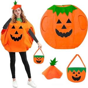 xiaoxiaozhijia Costume da Zucca per Bambino,Costume di Halloween per Bambini Piccoli (3-10 anni) con Cappellino e Sacchetto per Dolciumi per Halloween,Carnevale,Festa in Maschera (Rosso/Adulto)