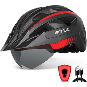 VICTGOAL Casco Bici Casco MTB Uomo con Luce LED, Occhiali Protettivi Magnetici, Visiera Traspirante, Casco da Mountain Bike per Unisex Caschi da Bicicletta Regolabili (XL: 59-63cm, Nero Rosso)