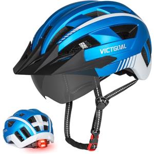 VICTGOAL Casco Bici per Uomini e Donne con luce LED Occhiali Magnetici Staccabili Visiera Rimovibile Caschi da Mountain Bike e Strada Dimensione Regolabile per Adulti (L: 57-61cm, Blu metallico)