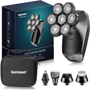 KENSEN Rasoio Elettrico Barba, Rasoio Testa Calva 7D, Tagliacapelli Uomo 5 in 1 Kit Impermeabile con 5 Testine Rotanti per Capelli Barba Naso Orecchie e Viso Pulito