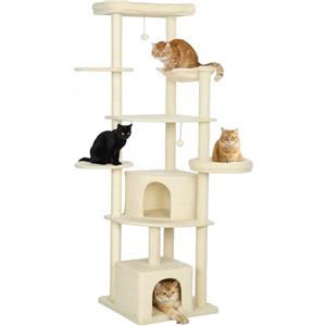 PawHut Tiragraffi per Gatti Alto 200 cm, Albero per Gatti Multilivello con 5 Pali Graffiatoi in Sisal, 2 Grotte, 2 Cucce, Amaca, 2 Pompon, Piattaforme, Gioco Torre per Gattini, in Peluche, Beige