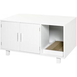 PawHut Mobile per Lettiera Gatti in Legno con 2 Ante e Apertura Laterale con Tiragraffi, Bianco