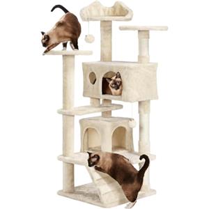 Yaheetech Albero Tiragraffi per Gatti 139 cm con 3 Pali Graffiatoi 3 Posatoi 2 Grotta 2 Pompon in Peluche a Più Livelli Giocattolo Gioco Beige