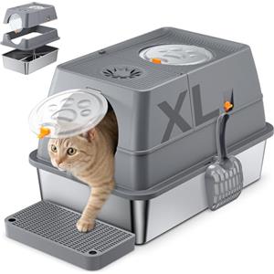 QEANY Lettiera per gatti in acciaio inox con coperchio, 60 x 40 x 39 cm, in acciaio inox, grande lettiera chiusa con pala e tappetino, a prova di perdite e facile da pulire, per gatti di grandi