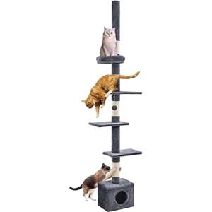 Yaheetech Albero Tiragraffi per Gatti a Soffitto con Altezza Regolabile da 226 cm a 265,5 cm Multilivello Condominio Giocattolo Grigio Scuro