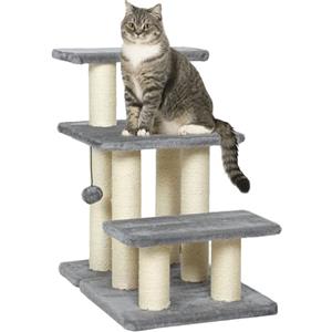 PawHut Scaletta per Cani e Gatti con 3 Scalini in Peluche e Pali Tiragraffi in Sisal, Scala per Cani Piccoli 10 kg o Gatti 5kg, per Letti Alti e Divani, Grigio