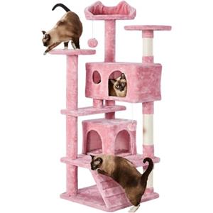 Yaheetech Albero Tiragraffi per Gatti 137 cm con 2 Palle Sisal Naturale Giocattolo Gioco Rosa