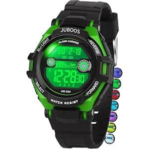 Juboos Orologio Bambina,con Cinturino Stampato e 7 Luci Colorate,Orologio Digitale Impermeabile per Bambini con Orecchie da Gatto per Ragazzo e Ragazza da 4 a 12 Anni (Nero Verde)