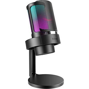 FIFINE USB Microfono per PC Gaming PS4 PS5, RGB Microfono a Condensatore per Streaming, Podcasts, con Controllo RGB, Tocco Muto, Jack per Cuffie e Filtro Anti-Pop